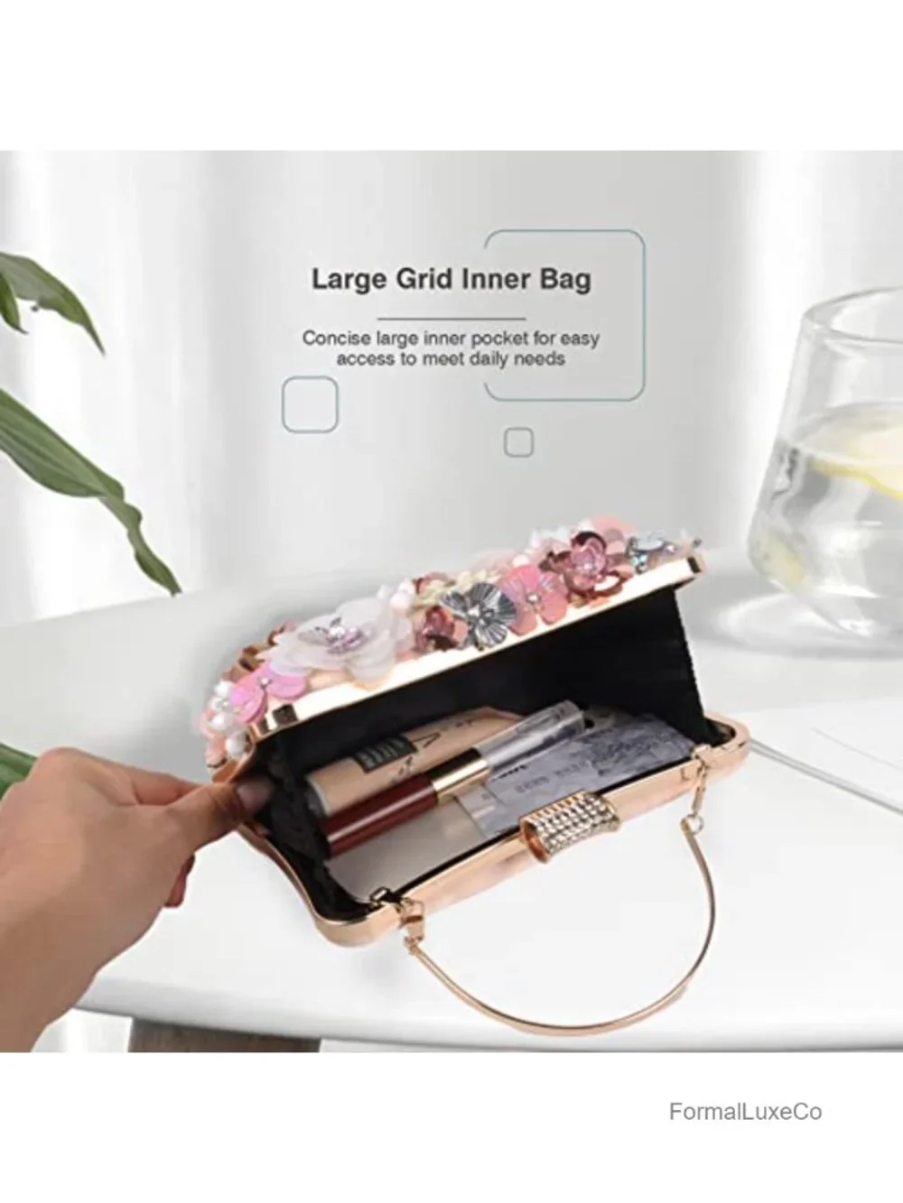 Evening Clutch Handbag Chain Strap Floral Crystal Sequin Shoulder Bag